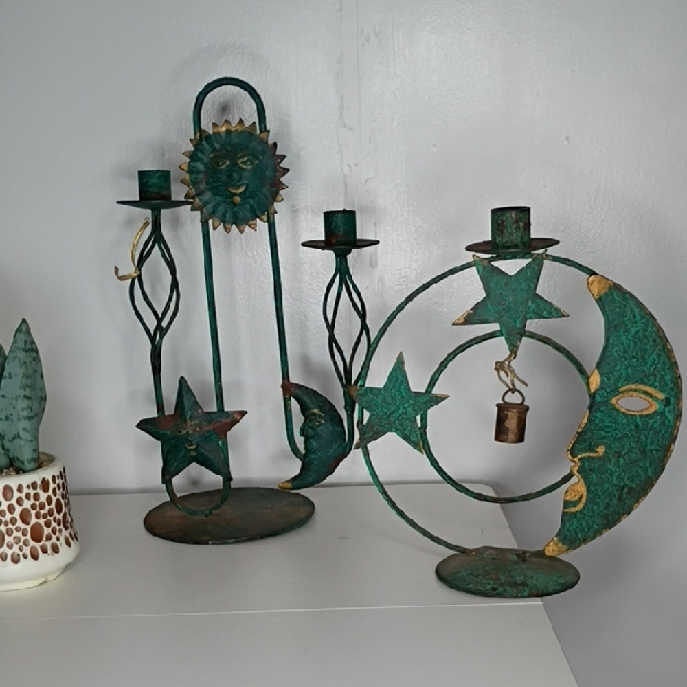 Sun and Moon Metal Candle Holders - Green and Gold